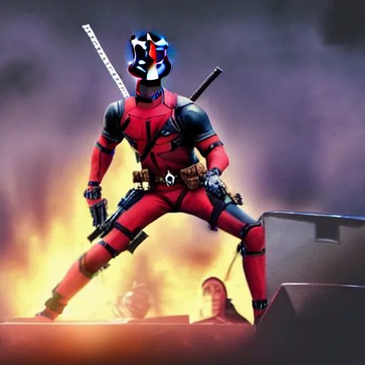 Image similar to Deadpool at a concert very detailed photorealism 4K quality