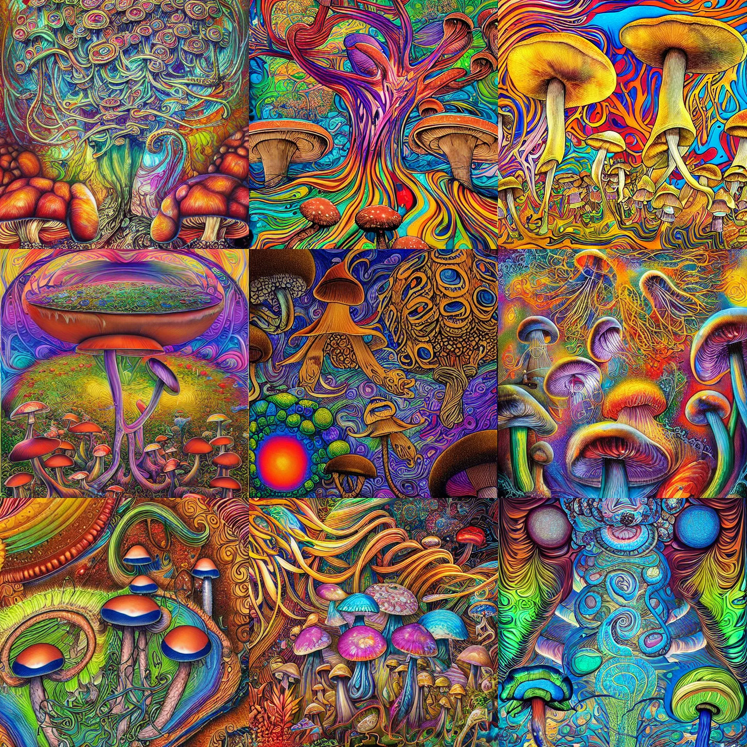 Prompt: mushrooms, an abstract painting by android jones, alex grey, chris dyer, and aaron brooks