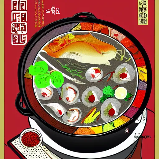 Image similar to chongqing hot pot, digital art, style of traditional chinese painting