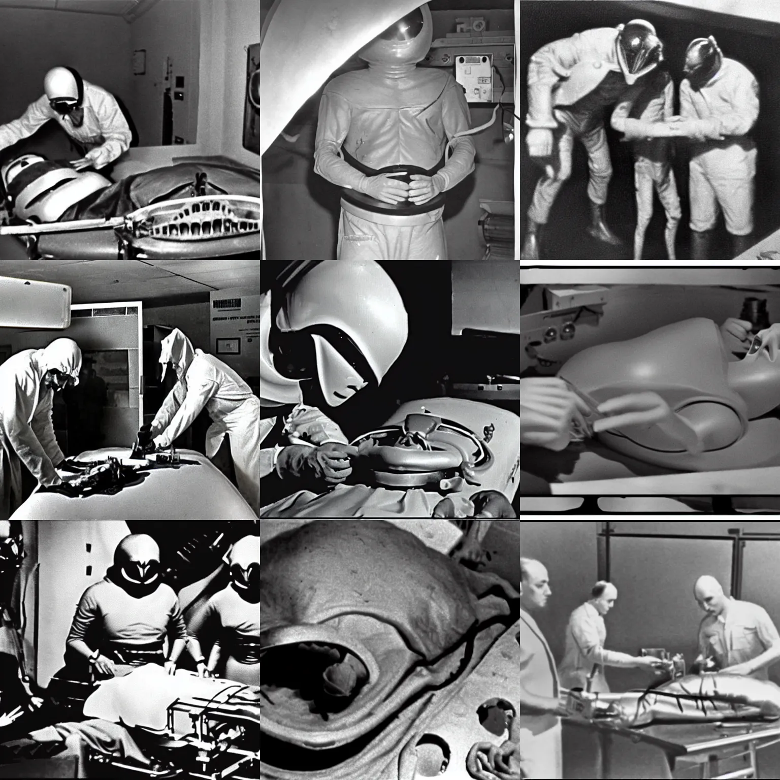 Prompt: lost archival film footage alien autopsy roswell new mexico 1 9 4 7 greys ufos