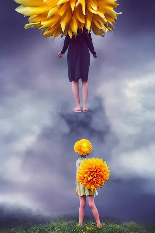 Prompt: closeup girl with giant yellow dahlia flower on head, standing on mountain, surreal photography, blue storm clouds, dramatic light, impressionist painting, digital painting, artstation, simon stalenhag