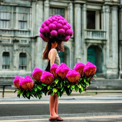 Prompt: giant rhododendron flower head, woman walking through city, surreal photography, cinema, realistic, symmetry, detailed, retro, wes anderson