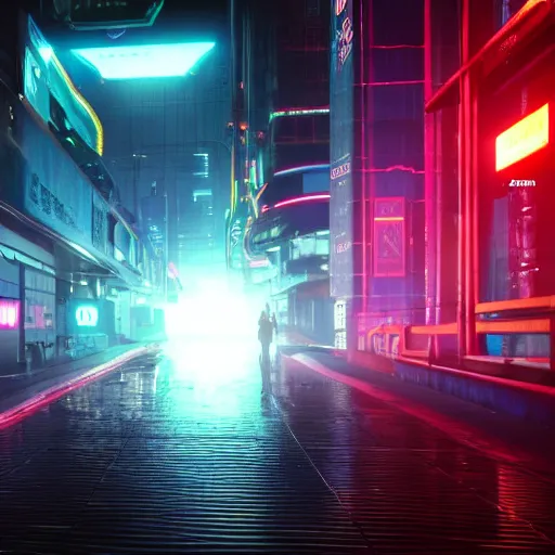 Image similar to « glowing neon lights, sunrise, cyberpunk, alita battle angel, blade runner, rainy, cold, clouds, far view, photorealistic, unreal engine 5, sharp focus »