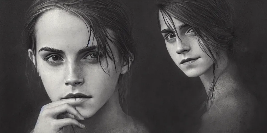 Image similar to portrait of Emma Watson, by Zdzislaw Beksinski, gothic, amazing details, volumetric lighting, 8k, cold hue's, warm tone gradient background
