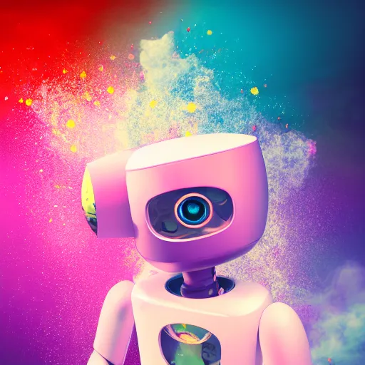 Image similar to a cute little robot at a centered explosion of colorful powder on background by maxvanzwerg