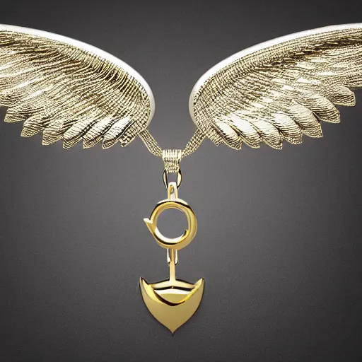 Image similar to 3 d silver and gold 2 tone necklace, on box chain, pendant is androgynous anatomical angel with 6 wings covered in eyes in a flying pose with 5 fingered hands on each side in a pose, casted in both silver and gold, high quality render, jewelry photography, octane render, studio lighting, ray traced