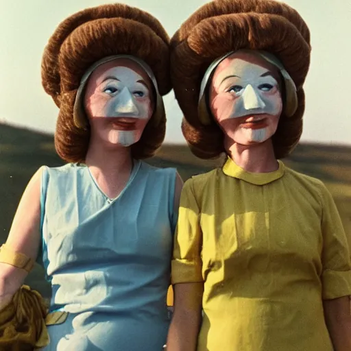 Image similar to two middle aged woman with inflatable heads on top of their heads, wearing dresses, in the hillside, 1976 French film, archival footage, technicolor film expired film live-action, 16mm