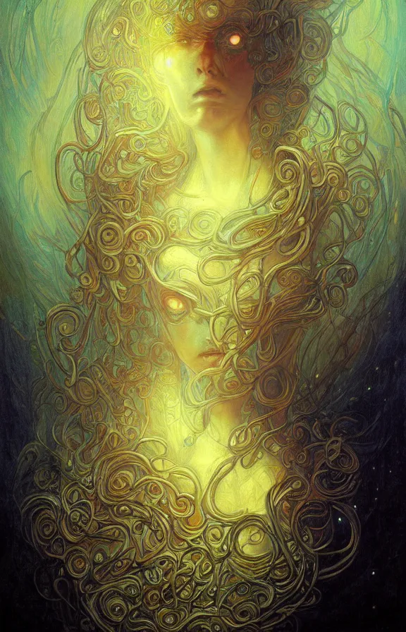 Image similar to a highly detailed beautiful portrait of a robot in the style of jean delville and in the style of peter mohrbacher. glowing rune of magical power.