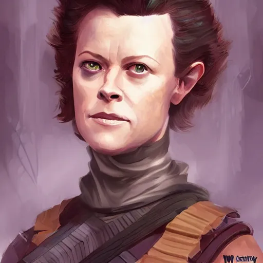 Prompt: young sigourney weaver as a d & d ranger, character portrait by wlop