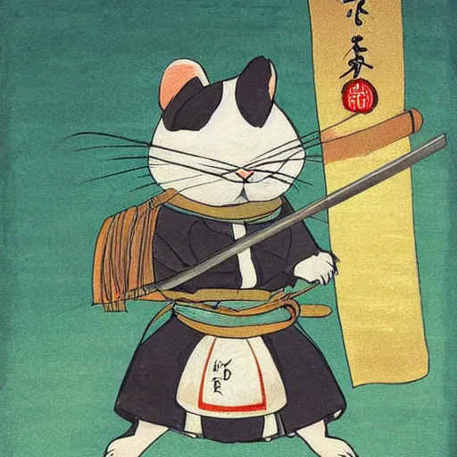 Prompt: japanese hamster samurai. with katana. anime art. old painting. sacura forest