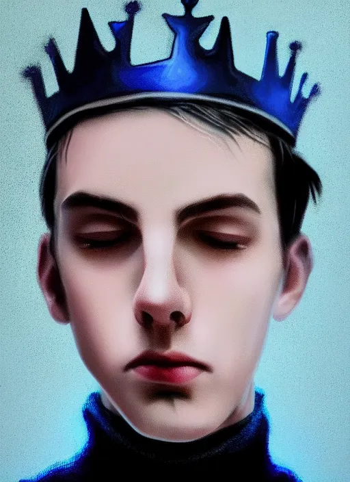 Image similar to portrait of teenage jughead jones wearing a light grey crown, crown, blue turtleneck, 1 9 5 0 s, closed eyes, photorealistic, black hair, glowing lighting, intricate, elegant, glowing lights, highly detailed, digital painting, artstation, concept art, smooth, sharp focus, illustration, art by wlop, mars ravelo and greg rutkowski