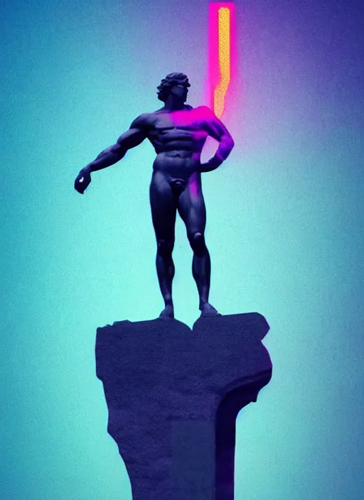 Image similar to statue of victorious hercules, beeple, vaporwave, retrowave, abstract neon shapes, tonal separation, black background, glitch, pixel sorting, strong contrast, pinterest, trending on artstation