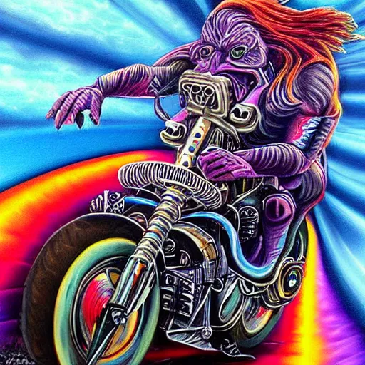 Image similar to psychedelic airbrush art of an orc driving a motorcycle