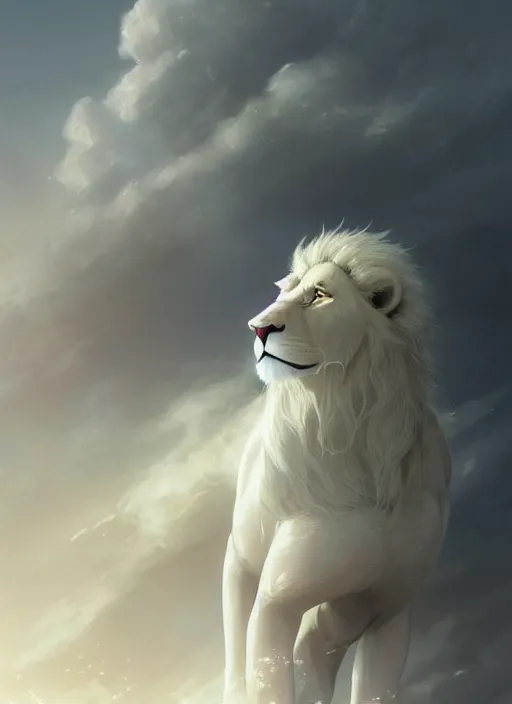 Prompt: aesthetic, religious fantasy portrait commission of an albino male furry anthro lion amongst the clouds in the sky wearing a silky white translucent cloak blowing in the wind, Atmospheric. Character design by charlie bowater, ross tran, makoto shinkai, Greg Rutkowski and Thomas Kinkade, detailed, inked, western comic book art, 2021 award winning painting