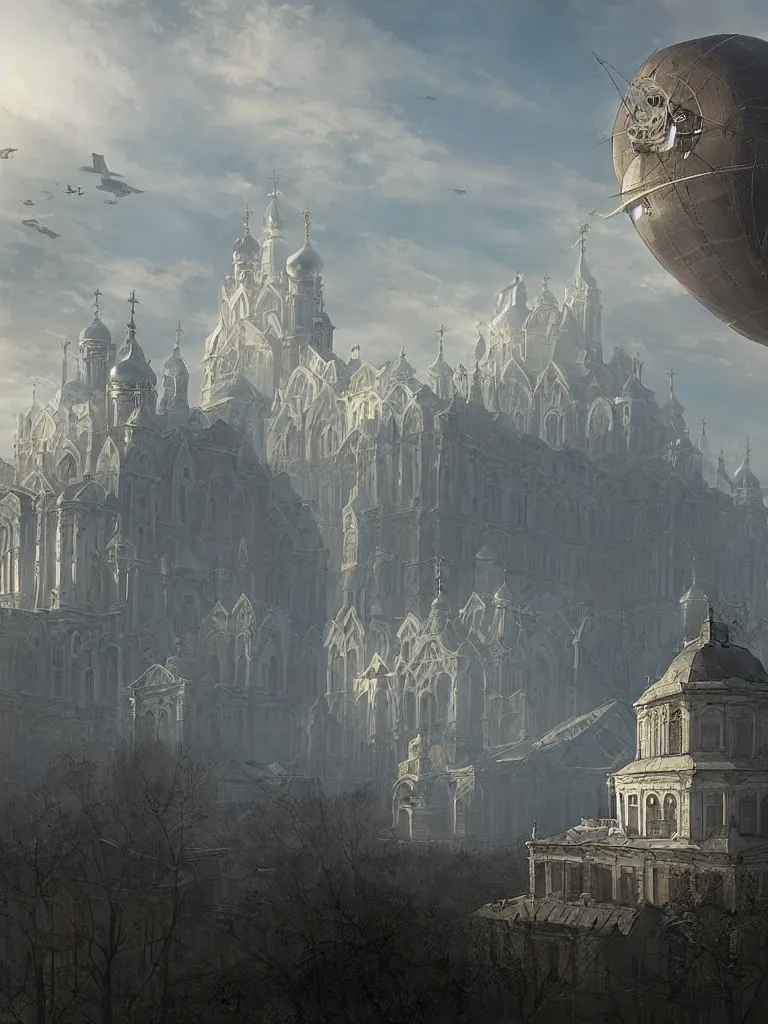 Prompt: a large dieselpunk airship is standing in the air over a splendid white church in russia, full morning sun, matte painting by greg rutkowski, markus vogt