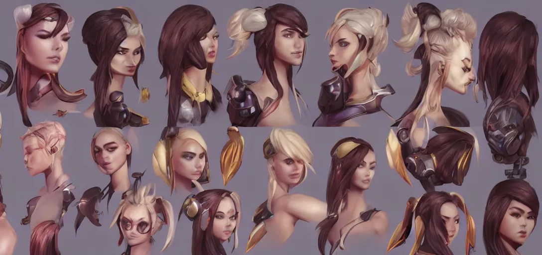 Image similar to concept art of female video game characters head designs, unique hairstyles, overwatch by marc brunet and artgerm