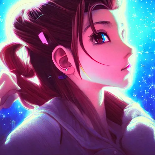 Image similar to pouting Aerith Gainsborough close-up portrait looking straight on, complex artistic color ink pen sketch illustration, full detail, gentle shadowing, fully immersive reflections and particle effects, chromatic aberration, art by Artgerm