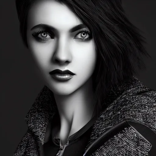Prompt: highly detailed portrait of black and white haired girl, wearing a black jacket, intricate, cgsociety, cinematic studio lighting