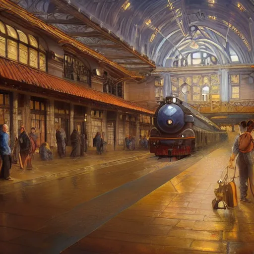 Image similar to train station for spirits and souls, detailed, centered, digital painting, artstation, concept art, donato giancola, joseph christian leyendecker, wlop, boris vallejo, breathtaking, 8 k resolution, extremely detailed, beautiful, establishing shot, artistic, hyperrealistic, beautiful face, octane render, cinematic lighting, dramatic lighting, masterpiece