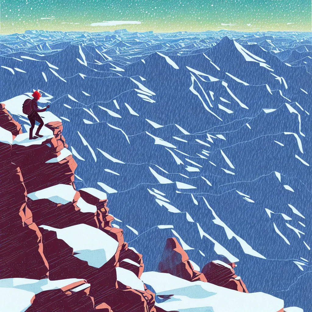 Prompt: backpacker on overlook summit in utah mountains by victo ngai