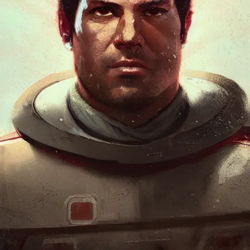 Prompt: portrait of a man by greg rutkowski, he looks like greg grunberg, tall and burly, star wars expanded universe, he is about 3 0 years old, wearing red and white starfighter pilot uniform from the galactic triunvirate.