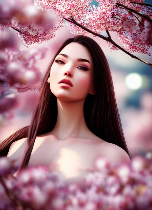 Prompt: photo of a gorgeous female in the style of stefan kostic, realistic, half body shot, sharp focus, 8 k high definition, insanely detailed, intricate, elegant, art by stanley lau and artgerm, extreme bokeh cherry blossoms