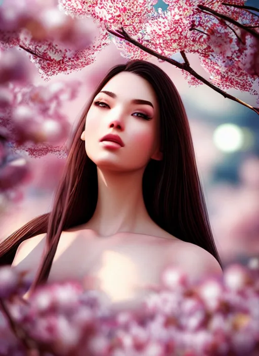 Image similar to photo of a gorgeous female in the style of stefan kostic, realistic, half body shot, sharp focus, 8 k high definition, insanely detailed, intricate, elegant, art by stanley lau and artgerm, extreme bokeh cherry blossoms