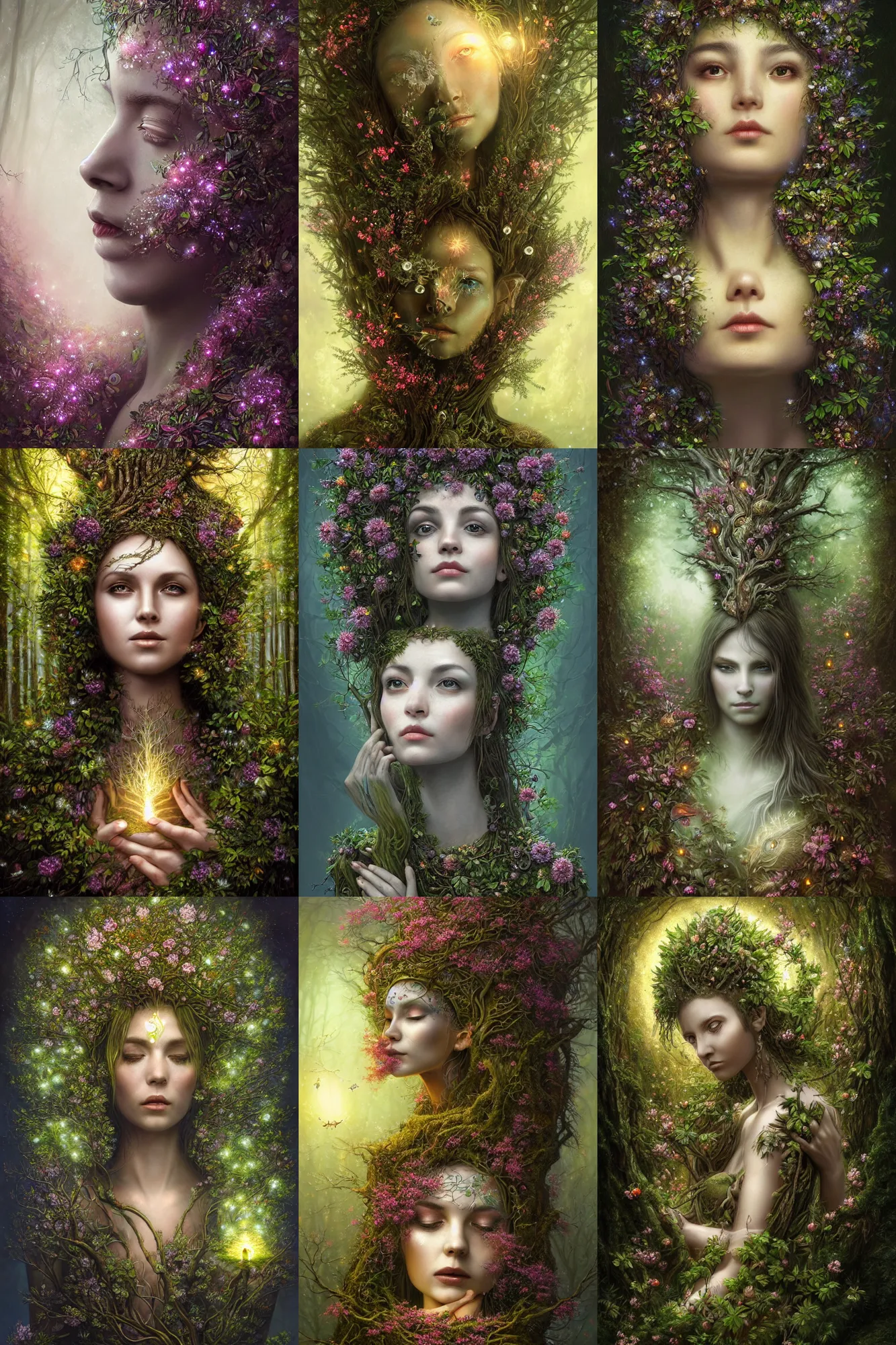 Prompt: a stunning ultra detailed fantasy fine art portrait of a tree goddess lit by fireflies, surrounded by blooming floral foliage, misty night, very detailed, sharp focus, 8 5 mm lens, soft ethereal lighting, artstation, 8 k, by tomasz alen kopera, igor morski and natalie shau