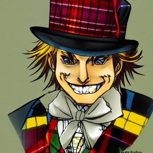 Image similar to The Madhatter as a Manga Character, Scottish Tartan on Hat, Very Large Grin, Depth of Field, 35mm + Art by Rieko Saibara