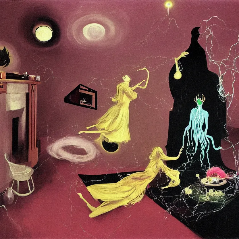 Image similar to One man and one woman attached by love in a living room of a house, floating dark energy surrounds the middle of the room. There is one living room plant to the side of the room, surrounded by a background of dark cyber mystic alchemical transmutation heavenless realm, cover artwork by francis bacon and Jenny seville, by Remedios Varo and Anato Finnstark and Greg Rutkowski and Andy Warhol, dayglo pink, dayglo blue, prismatic, pearlescent white, raven black, hyperrealism, 8k, trending on ArtStation, rendered in Octane, rendered in Unreal engine, award winning, volumetric lighting