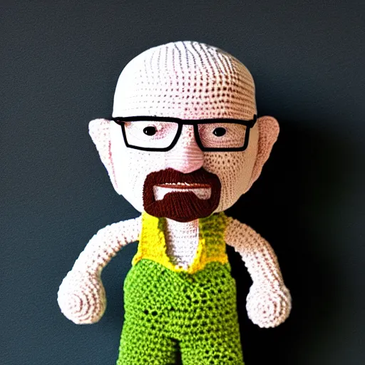 Image similar to walter white as a knitted crochet doll, 4 k, hyper realistic, dslr, high resolution, landscape, beautiful