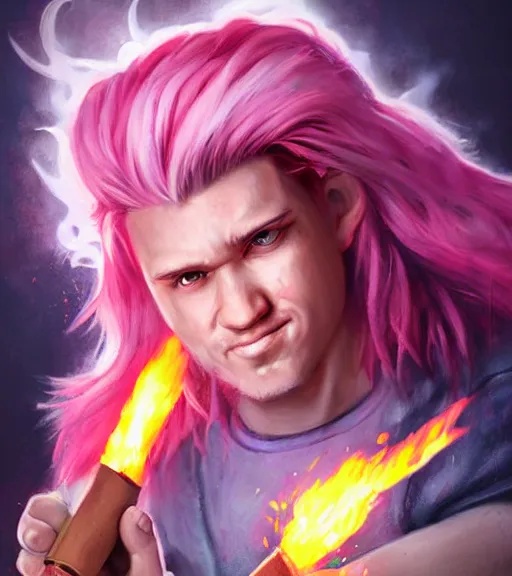 Image similar to portrait of'tomba!'with pink hair, holding a hammer of fire by ross tran, artgerm and wlop