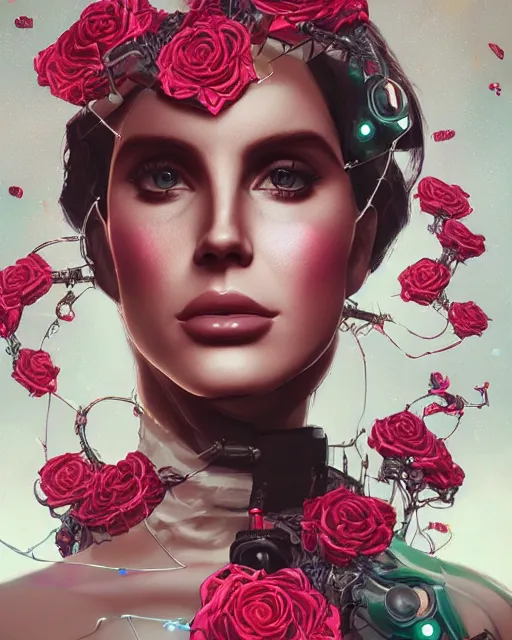 Image similar to portrait of lana del rey as a cyberpunk cyborg. roses sci - fi intricate abstract upper body intricate artwork, roses, rose petals, by tooth wu, wlop, beeple, dan mumford. concept art, octane render, deviantart, greg rutkowski, cinematic arthouse, key art, hyper realism, iridescent accents