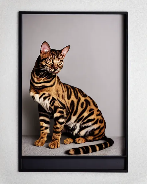 Prompt: medium format Bengal Cat Photography, Hyperreal, 8k in the style of Annie Leibovitz