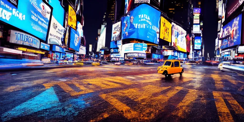 Image similar to a blue and white tuk tuk in Times Square at night, highly detailed, hazy, cloudy, intense neon lighting, matte painting, concept art, 4k