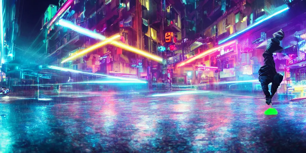 Prompt: cinematic wide angle, slow motion of futuristic break dancer wearing neon lights, trail effect, long exposure shot , at night in the middle of a rainy street, asian city, paddle of water, water splashes, rim lights, glossy reflections, water droplets on lens, octane render, detailed and soft, by jimbo phillips santa cruz, 10mm fisheye