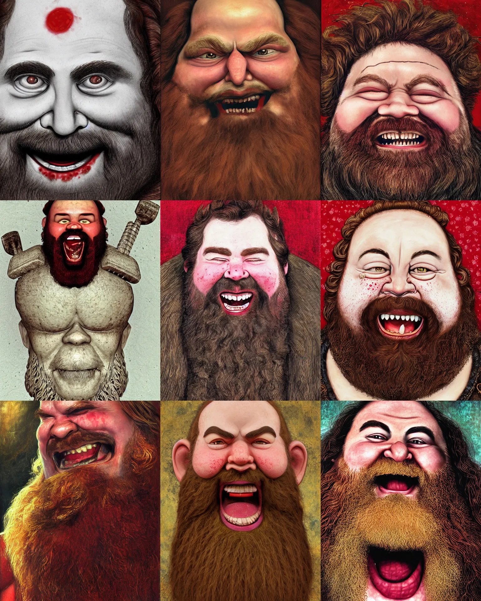 Prompt: closeup portrait of a dwarven bard, happy, laughing, rosy cheeks, red beard, freckles, art by h. r. giger