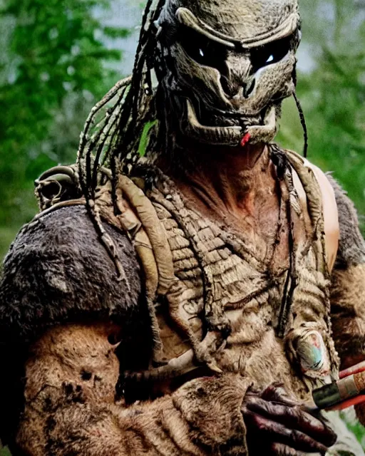 Image similar to cinematic, 4 k, full body portrait, rock golem as a soldier, on break smoking a cigarette, still from the movie predator