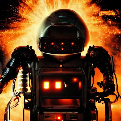 Image similar to toaster oven terminator robot, dark messy smoke - filled cluttered workshop, dark, dramatic lighting, orange tint, sparks, cinematic, highly detailed, sci - fi, futuristic, movie still