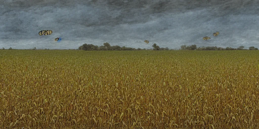 Prompt: Artwork by John Howe of an insect-covered field of crops