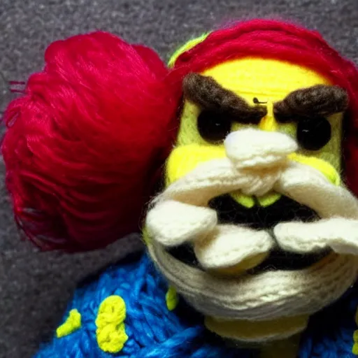 Prompt: a doll of wario made out of yarn