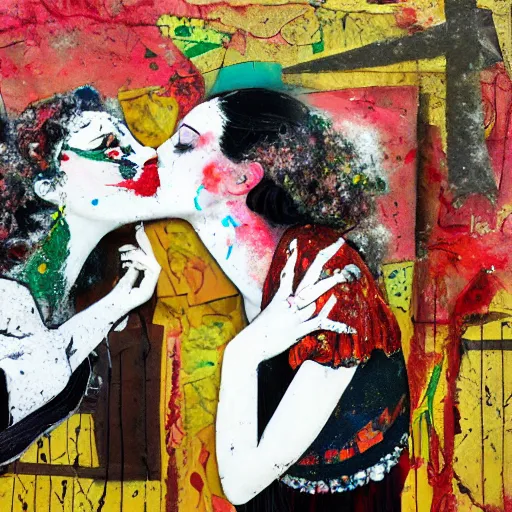 Prompt: two women kissing at a carnival in your nightmares, mixed media collage, retro, paper collage, magazine collage, acrylic paint splatters, bauhaus, claymation, layered paper art, sapphic visual poetry expressing the utmost of desires by jackson pollock