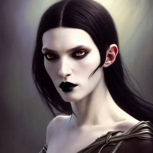 Prompt: portrait painting of an androgynous witch with shoulder length flowing black hair pale skin and beautiful dark brown eyes wearing goth clothes, ultra realistic, concept art, intricate details, eerie, highly detailed, photorealistic, octane render, 8 k, unreal engine. art by artgerm and greg rutkowski and alphonse mucha