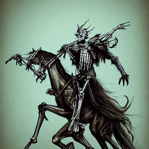 Prompt: long black hair vampire lord riding a skeletal horse, illustration, concept art