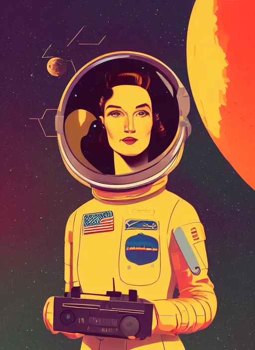 Image similar to illustration of the first female astronaut to reach and explore far off alien planet, retro futurism 1 9 5 0 s, half portrait by stanley artgerm, dramatic lighting, ilya kuvshinov, trending on artstation, flat colour, geometric curves, gradient filter, pleasing tone colours, by conrad roset