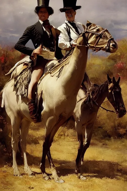 Image similar to portrait of a respectable dignified royal business elite politician wearing a top hat and coat tails riding on an emu, art by anders zorn, wonderful masterpiece by greg rutkowski, beautiful cinematic light, american romanticism by greg manchess, jessica rossier