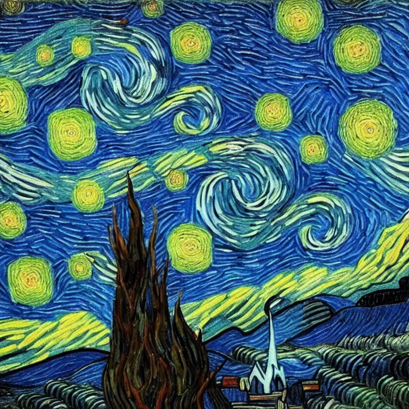 Image similar to An oil painting of a wise Elven King in the style of Starry Night by Vincent van Gogh