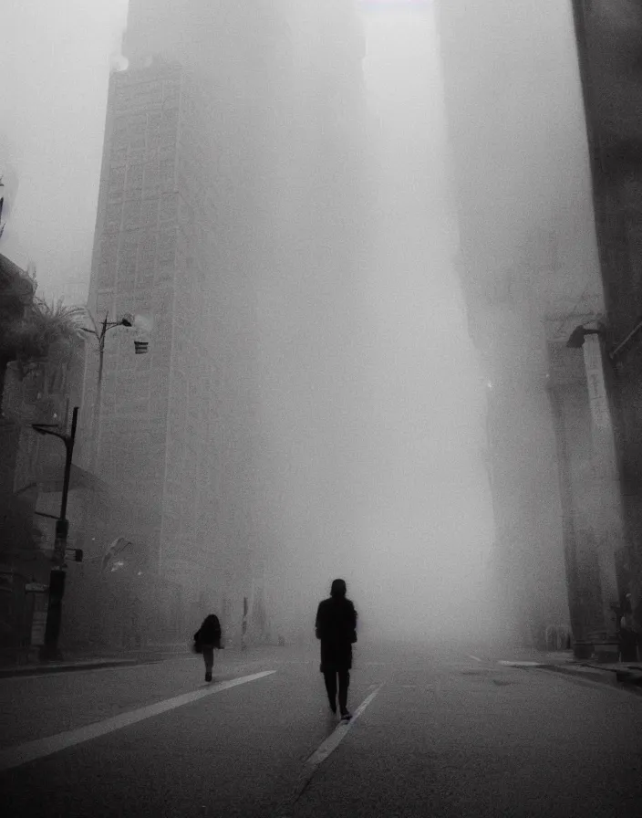 Image similar to very low - resolution found footage of a couple escaping in the city from a starfish kaiju monster, fog, foggy, korean film noir, monochrome, red hue, thriller, underdeveloped, epic, dramatic