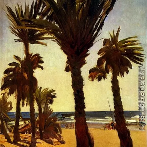 Prompt: painting by joaquin sorolla of palm trees by the coast