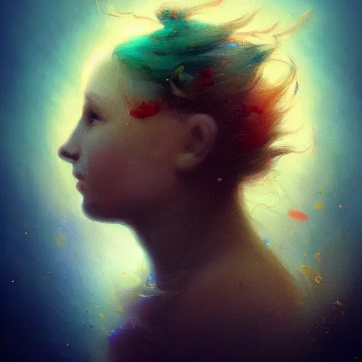 Image similar to three-quarters portrait, skin flaking off like burnt paper, different colored multicolored eyes, long flowing hair underwater, imagination cosmic dream, dreamy, 8k artgerm bokeh, award winning photography, trending on artstation, by Ivan Aivazovsky and Odilon Redon